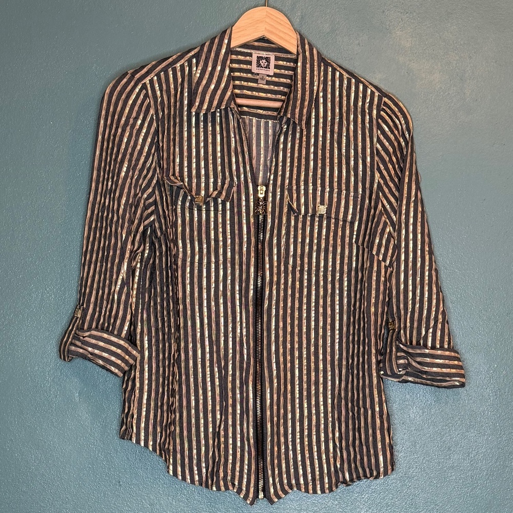Anne Klein - 3/4 Length Zipper Down Striped Top - Size Smal Women’s